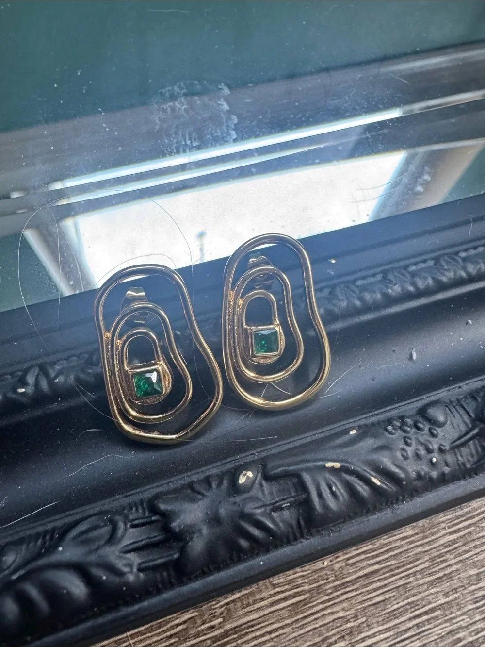 Gold-Tone Organic Loop Earrings with Green Gem Accents
